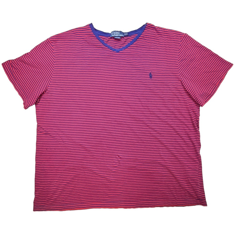 Y2K Polo Ralph Lauren Mens XXL Red Navy Striped V Neck T Shirt Pony Logo Cotton